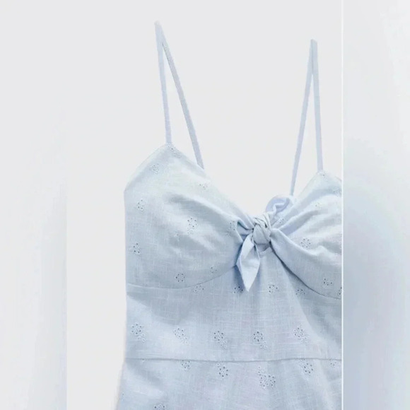 Zara Baby Blue Embroidered‎ Shorts Romper w/ Spaghetti Straps & Side Zip NWT M - Picture 4 of 9